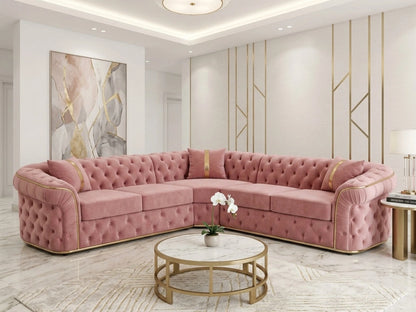 Pink Chesterfield corner sofa by Gamzo Outlet, showing plush upholstery and stylish corner design in a modern living room setting.
