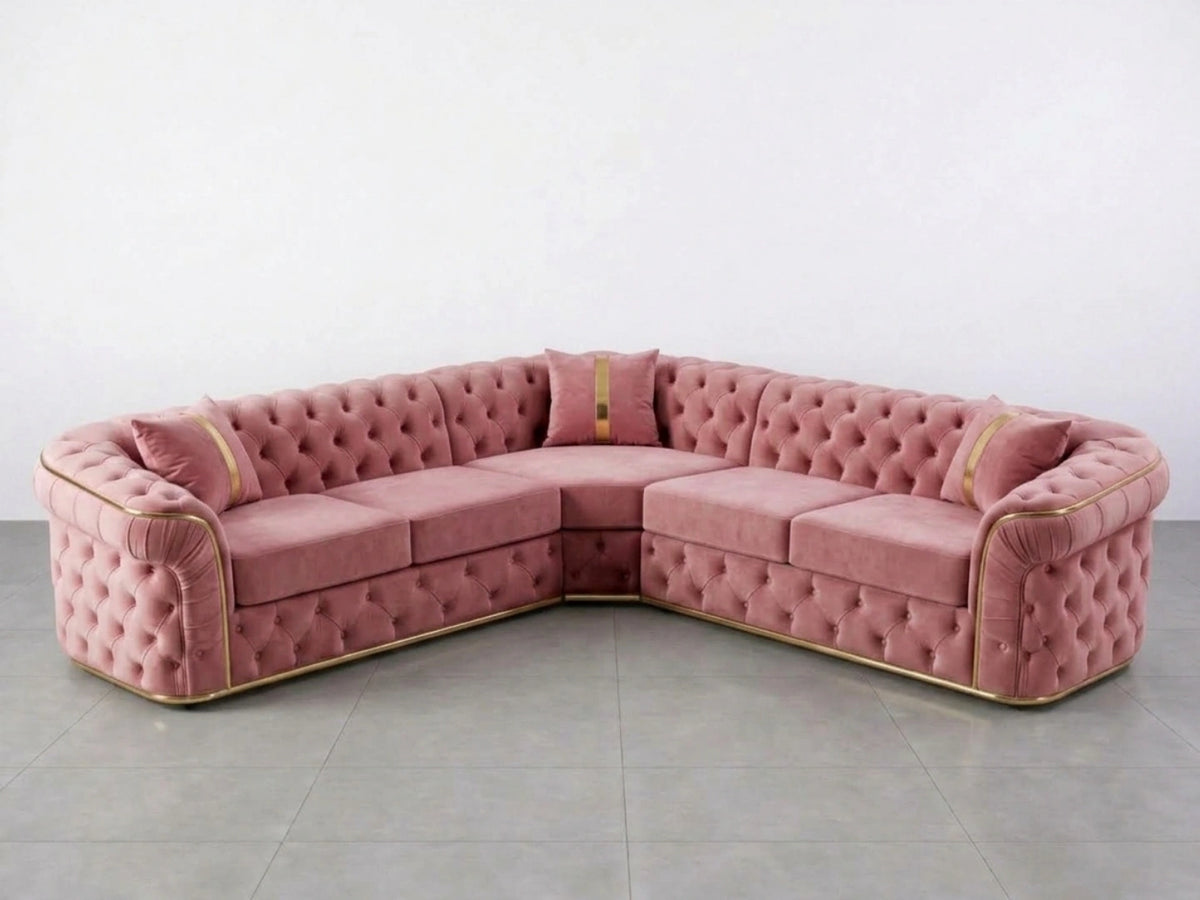 Pink Chesterfield corner sofa by Gamzo Outlet, featuring tufted upholstery and plush cushions for a stylish living room.