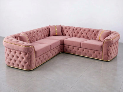 Pink Chesterfield corner sofa by Gamzo Outlet, featuring tufted upholstery and plush cushions in a stylish L-shaped design.
