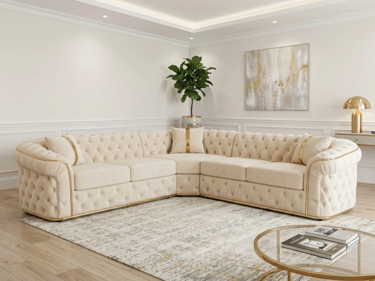 Cream Chesterfield corner sofa by Gamzo Outlet with tufted upholstery and plush seating in a modern living room setting.