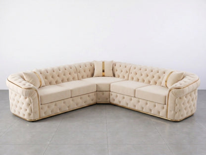 Cream Chesterfield corner sofa by Gamzo Outlet with tufted upholstery and wooden legs, shown in a cozy living room setting.
