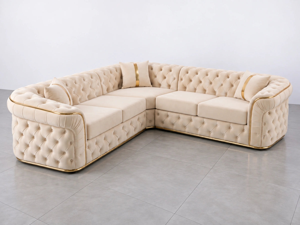 Cream Chesterfield corner sofa by Gamzo Outlet with plush upholstery and classic tufted design, perfect for stylish living rooms.