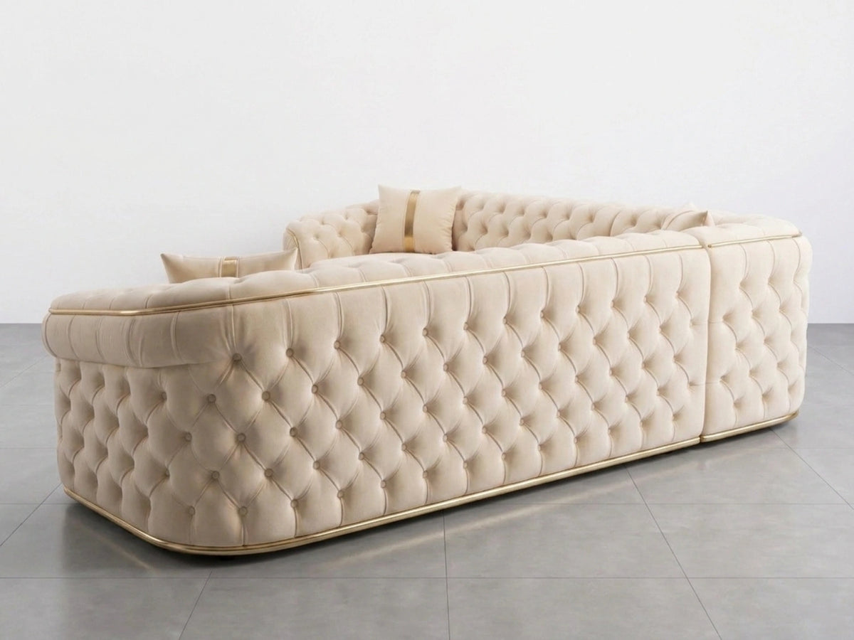 Cream Chesterfield corner sofa by Gamzo Outlet with tufted upholstery and plush cushions, ideal for stylish living room seating.