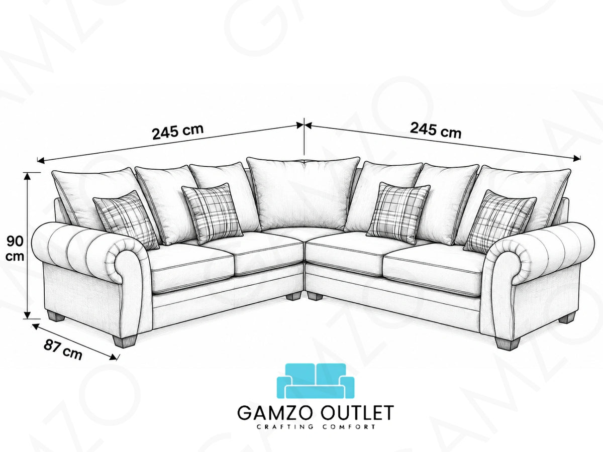 Gamzo Outlet Verona scatter back corner sofa with plush cushions and modern design, shown in a stylish corner arrangement.