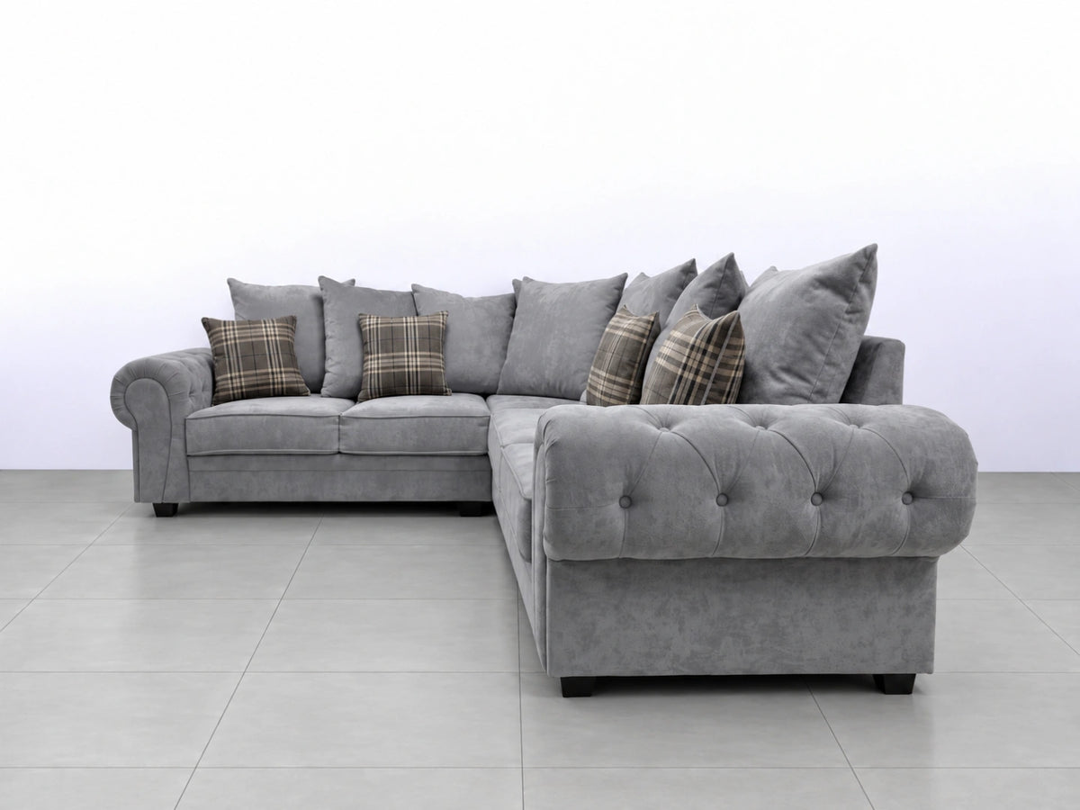Gamzo Outlet Verona Scatter Back Corner Sofa shown in a cozy living room setting with plush cushions and modern design.