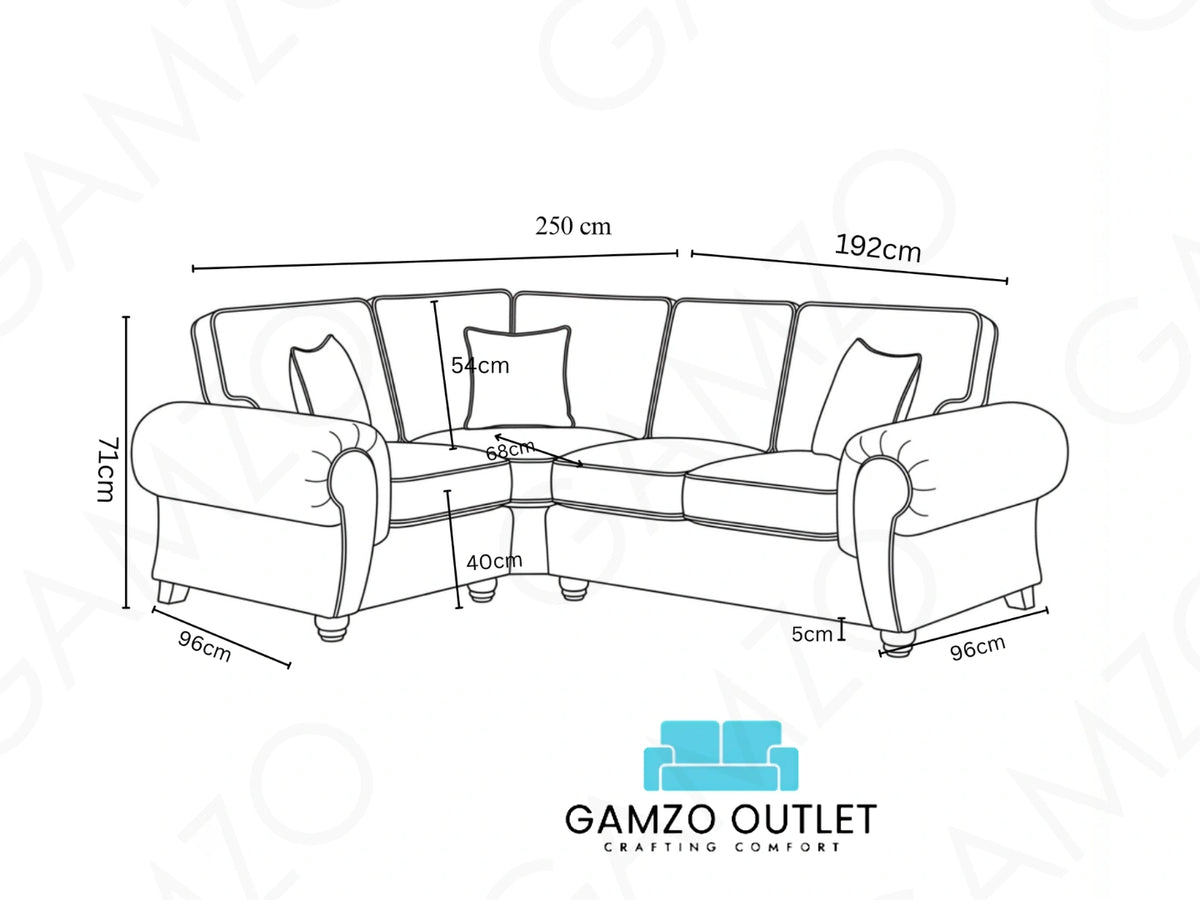 Grey Wilcot fabric L-shape sofa by Gamzo Outlet with plush cushions and modern design, shown from the left side.