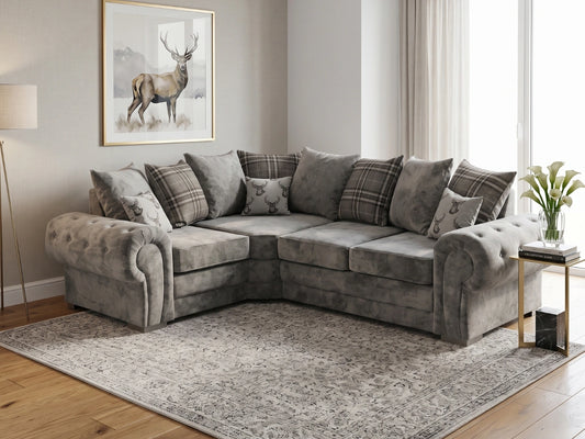 Light grey Verona scatter back L-shape sofa by Gamzo Outlet, showing the left armrest and plush, comfortable seating arrangement.
