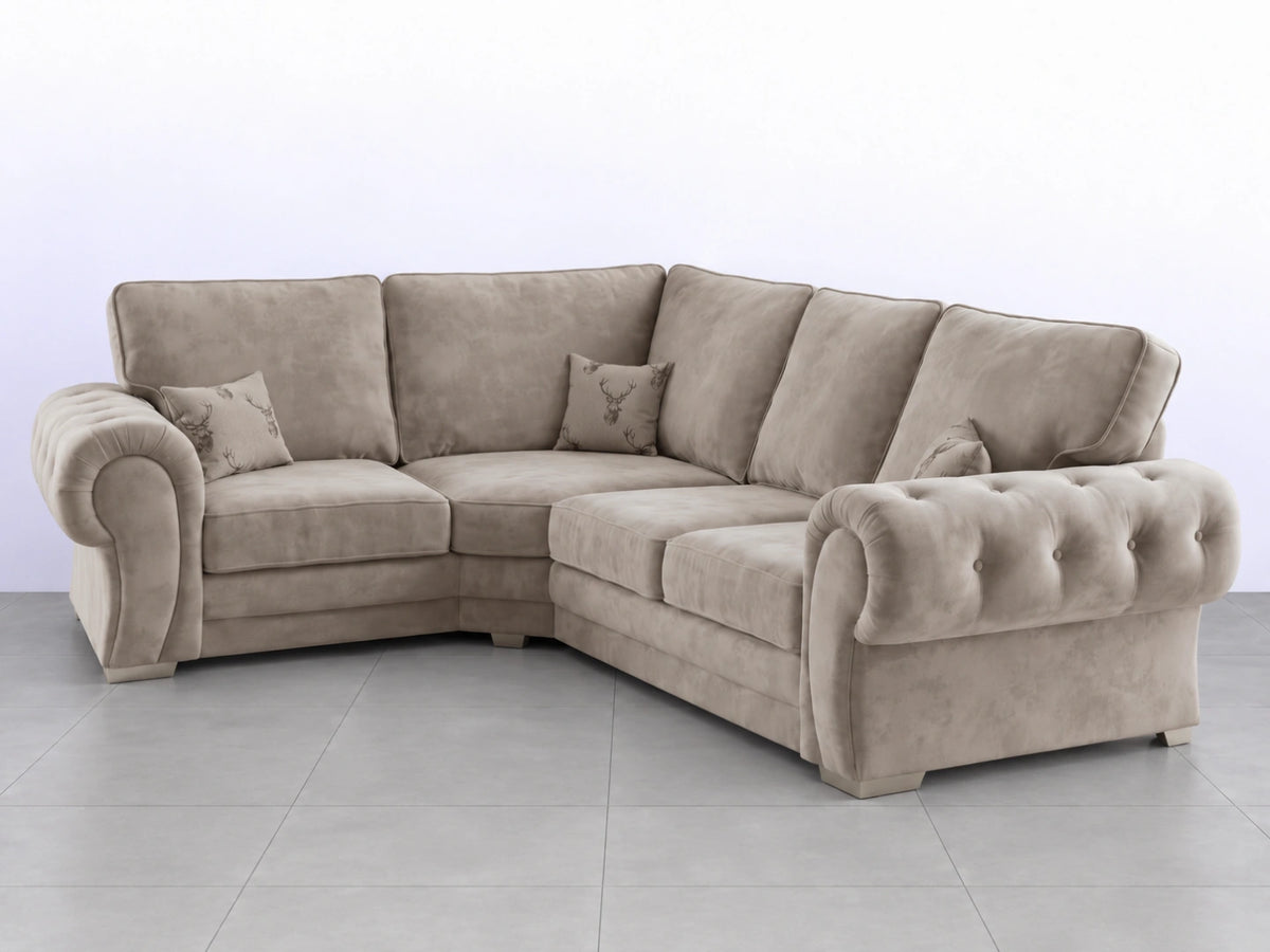 Light grey Verona Full Back L-Shaped sofa by Gamzo Outlet shown from the left side with plush cushions and modern design.