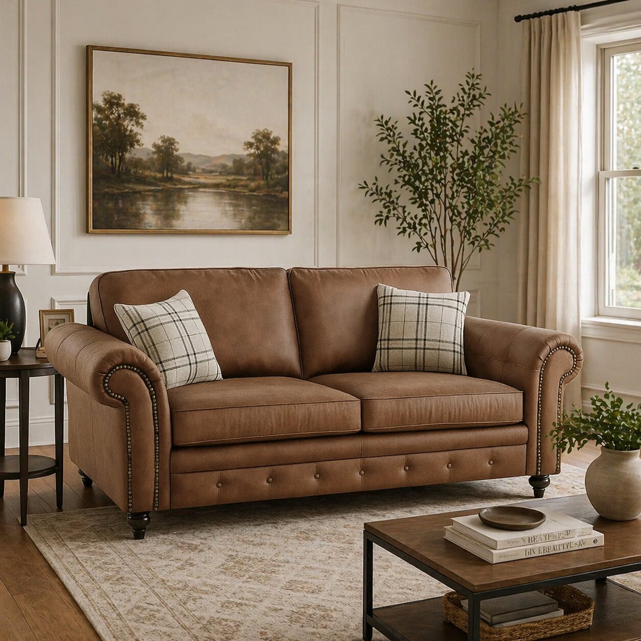 Oakland full back leather sofa by Gamzo Outlet, showcasing plush seating and stylish wooden legs in a modern living room setting.