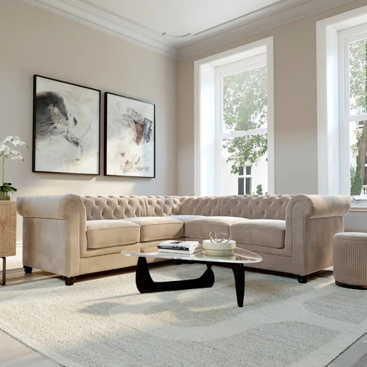 Gamzo Outlet Chesterfield plush velvet corner sofa with tufted back and armrests, showcasing luxurious fabric and modern design.