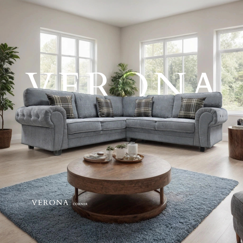 Verona full back corner sofa by Gamzo Outlet with plush cushions and modern design, shown in a stylish living room setting.