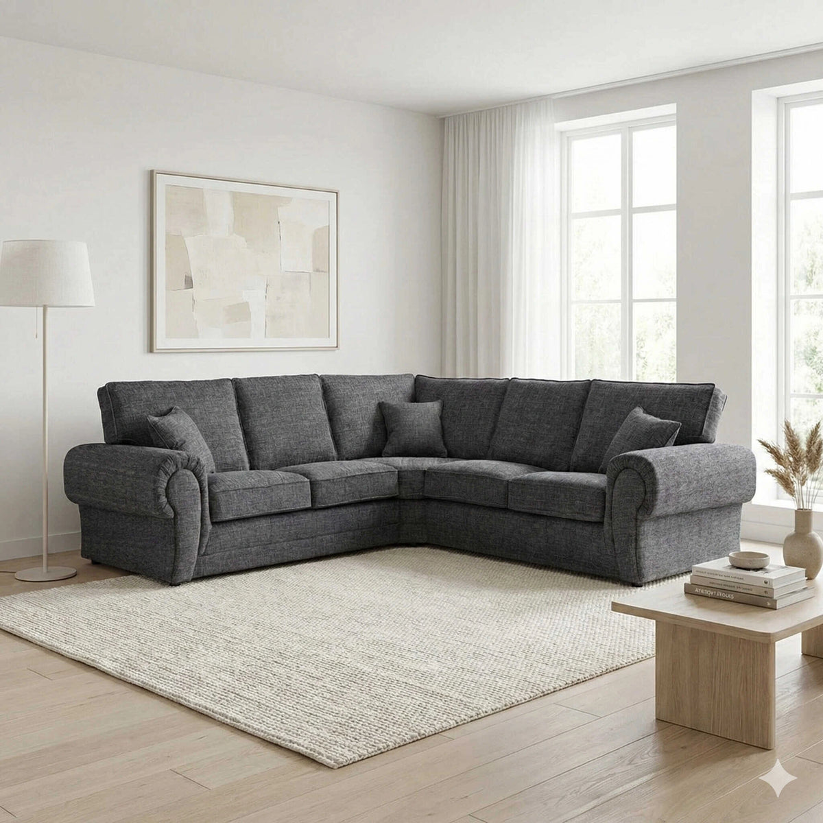Lisbon fabric corner sofa by Gamzo Outlet, showing a cozy, modern L-shaped sofa with plush cushions in a living room setting.