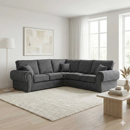 Lisbon fabric corner sofa by Gamzo Outlet, showing a cozy, modern L-shaped sofa with plush cushions in a living room setting.