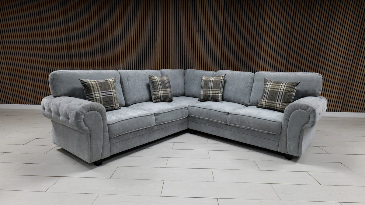 Gamzo Outlet Verona full back corner sofa in neutral fabric, showing plush cushions and modern corner design.